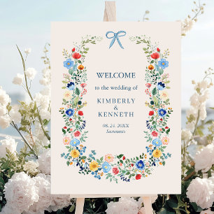 Poster Fleur sauvage Rustic Blue Bow Mariage Bienvenue