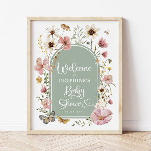 Poster Fleur sauvage Sage Green Boho Baby shower Bienvenu
