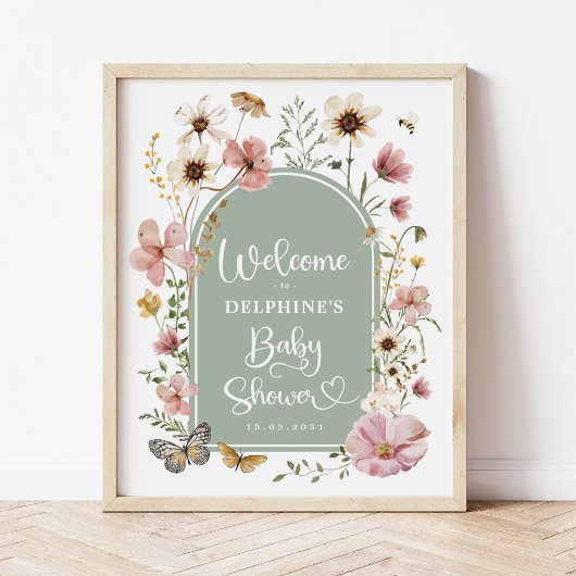 Poster Fleur sauvage Sage Green Boho Baby shower Bienvenu