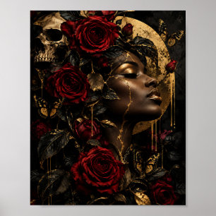 Poster Fleur surréaliste Reine noire Feuille d'or & Roses