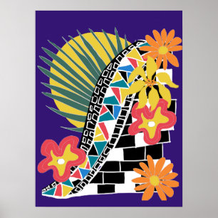 Poster Fleur tropicale audacieuse mosaïque noir blanc sur
