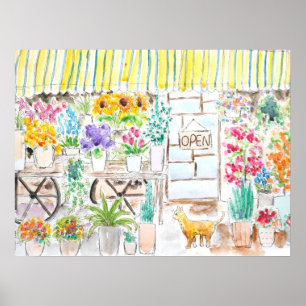 Poster fleuriste et encre de chat et aquarelle