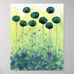 Poster Fleurs à l'aquarelle sarcelle et jaune, Mur modern