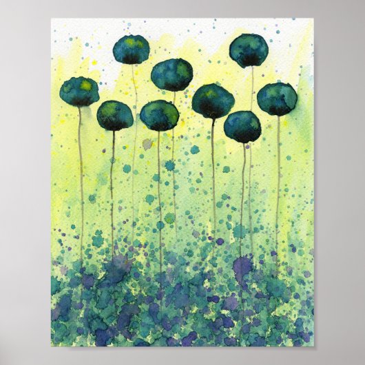 Poster Fleurs à l'aquarelle sarcelle et jaune, Mur modern (Devant)