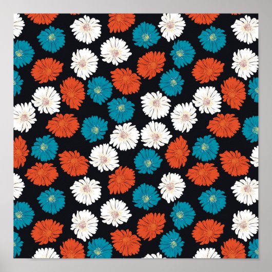 Poster Fleurs Abstraites rouges et bleues (Devant)
