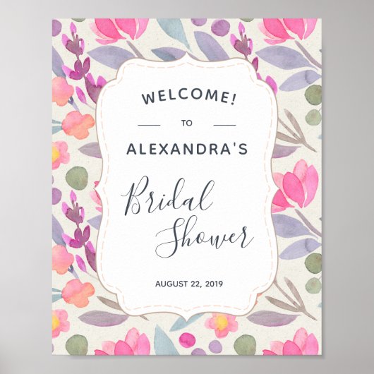 Poster Fleurs Aquarelle Rêveuses | Bienvenue à la Baby Sh (Devant)