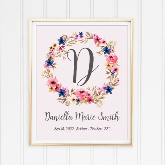 Poster Fleurs Aquarelle Rose Statistiques de naissance de