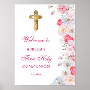 Poster Fleurs aquarelles Accueil Première communion