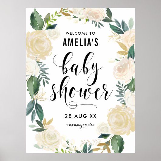 Poster Fleurs aquarelles avec Baby shower Parties scintil (Devant)