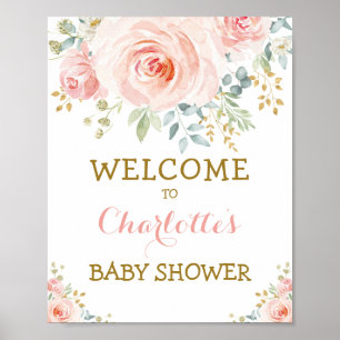 Poster Fleurs aquarelles chic rose poudré or Baby Shower