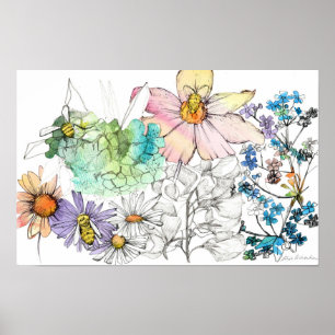 Poster Fleurs aquarelles pollinisatrices Abeilles domesti