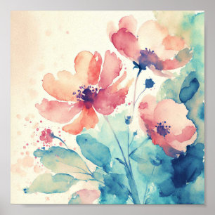 Poster Fleurs aquarelles roses et bleues art
