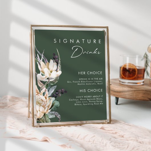 Poster Fleurs Blanches | Boissons Signature Vert Foncé