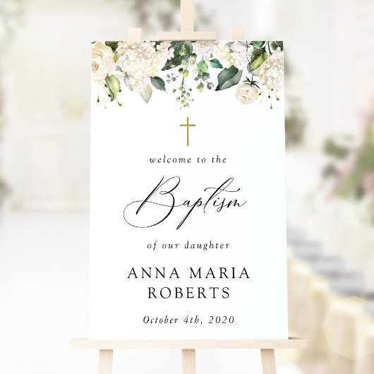 Poster Fleurs blanches crème, Boho, Bienvenue au baptême