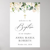 Poster Fleurs blanches crème, Boho, Bienvenue au baptême (Devant)
