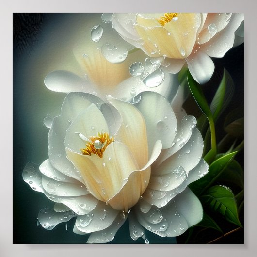 Poster Fleurs blanches et gouttes d'eau (Devant)