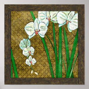 Poster Fleurs blanches et tiges vertes à la frontière