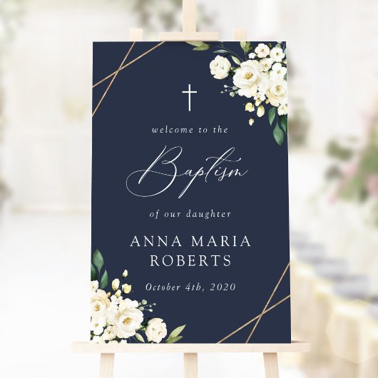 Poster Fleurs blanches, fleurs crème, Bienvenue au baptêm