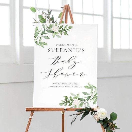 Poster Fleurs blanches vertes Baby shower gris Accueil