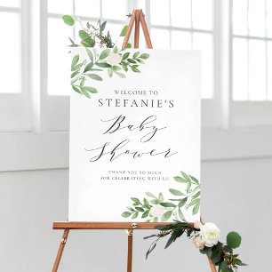 Poster Fleurs blanches vertes Baby shower gris Accueil