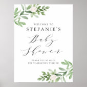 Poster Fleurs blanches vertes Baby shower gris Accueil (Devant)