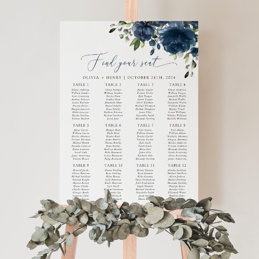 Poster Fleurs Bleu Marine, Feuillage, Plan de Table de Ma