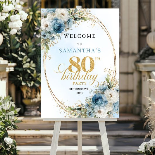 Poster Fleurs bleues bohèmes délicates cadre doré 80 ans