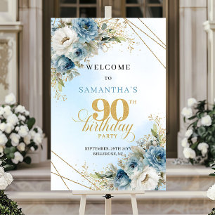 Poster Fleurs bleues boho classiques cadre doré 90e anniv
