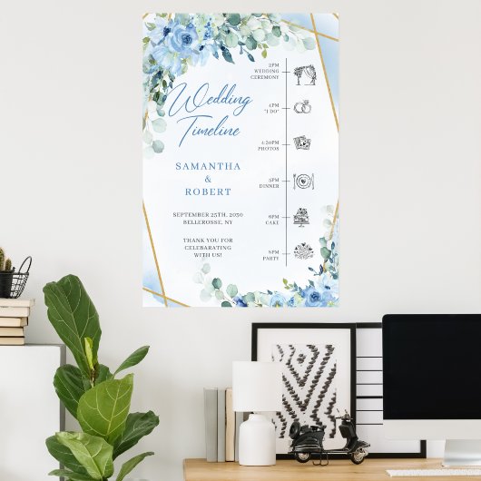 Poster Fleurs bleues et eucalyptus or mariage Timeline (Bureau à domicile)
