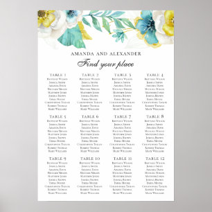 Poster Fleurs bleues et jaunes. Plan de table de mariage