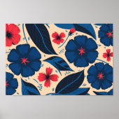 Poster Fleurs bleues et rouges, avec Feuilles bleu foncé (Devant)
