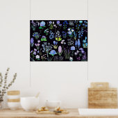 Poster fleurs bleues et violettes arrière - plan noir (Cuisine)