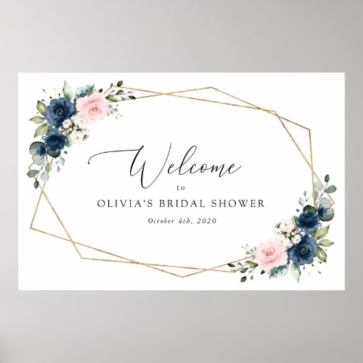 Poster Fleurs Bleues Marine, Fleurs Roses, Accueil Mariag (Devant)