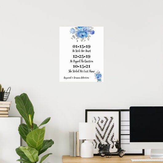 Poster Fleurs Bleues Meilleur Mariage Jour Date Oui Jour (Bureau à domicile)