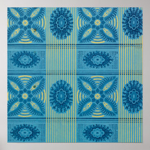 Poster Fleurs bleues rayures jaunes Motif d'art vintage