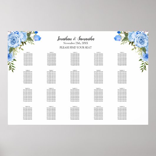 Poster Fleurs bleues Sièges Graphique 20 tables Mariage (Devant)