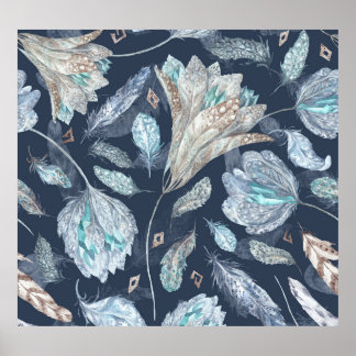 Poster Fleurs Boho Chic : Aquarelle bleu foncé P
