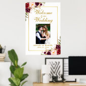 Poster Fleurs Bordeaux Or Mariage Bienvenue Photo (Bureau à domicile)