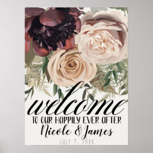 Poster Fleurs Botaniques de Bienvenue de Mariage en Rougi