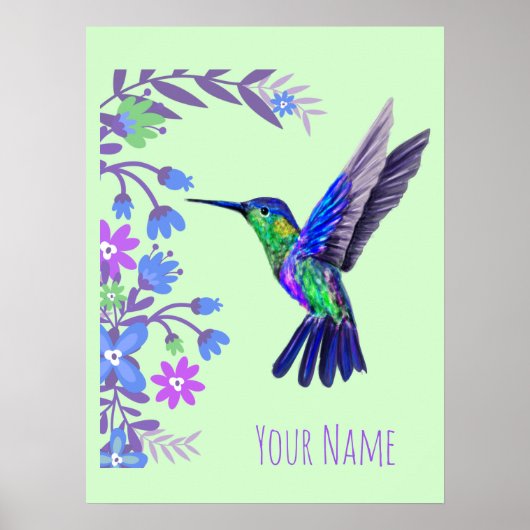 Poster Fleurs botaniques de colibris pour amoureux des oi (Devant)