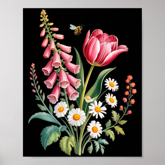 Poster Fleurs botaniques marguerites tulipe digitale papi (Devant)