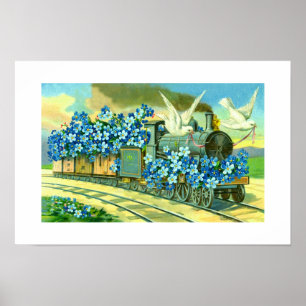 Poster Fleurs, colombes et train