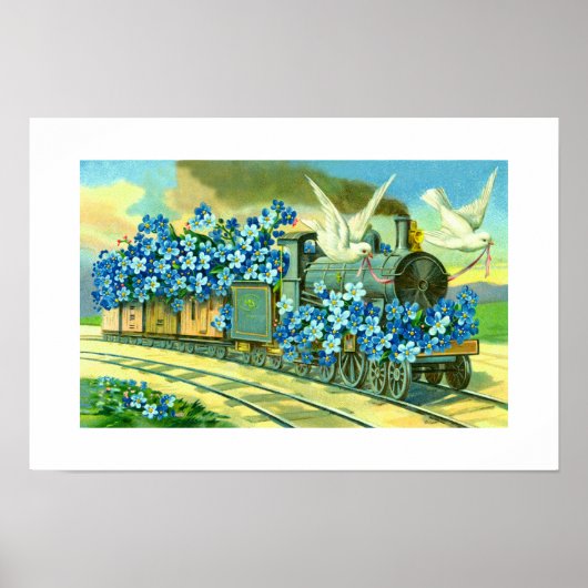 Poster Fleurs, colombes et train (Devant)