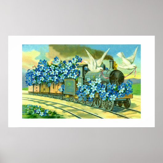 Poster Fleurs, colombes et trains (Devant)