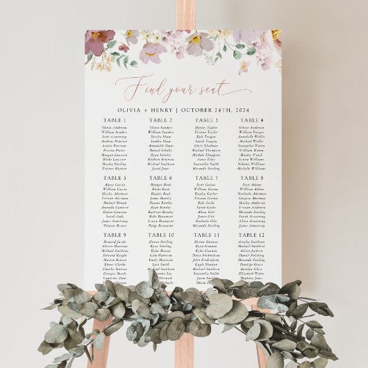 Poster Fleurs colorées, Boho, Mariage Seating Chart