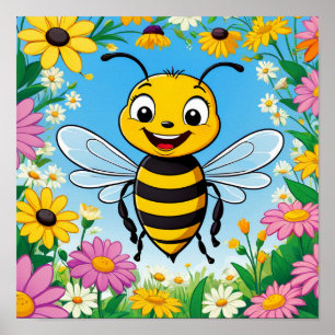 Poster Fleurs colorées d'abeille de dessin