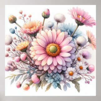 Poster Fleurs colorées dans des couleurs pastel doux aqua