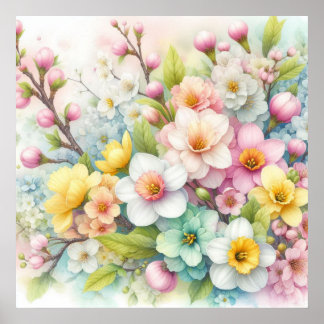 Poster Fleurs colorées dans des couleurs pastel doux aqua
