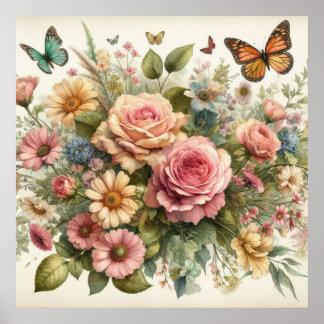 Poster Fleurs colorées dans des couleurs pastel doux aqua