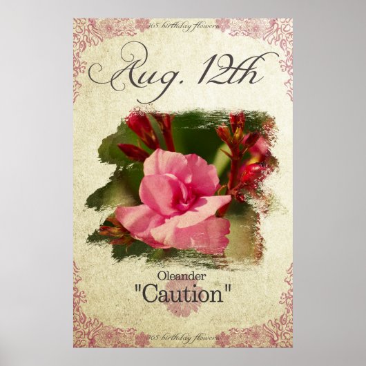 Poster Fleurs d'anniversaire le 12 août "Oleander" (Devant)